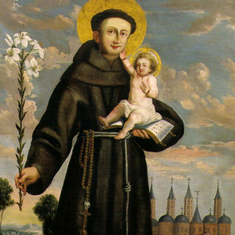 Pintura de Santo Antônio com o Menino Jesus e um lírio.