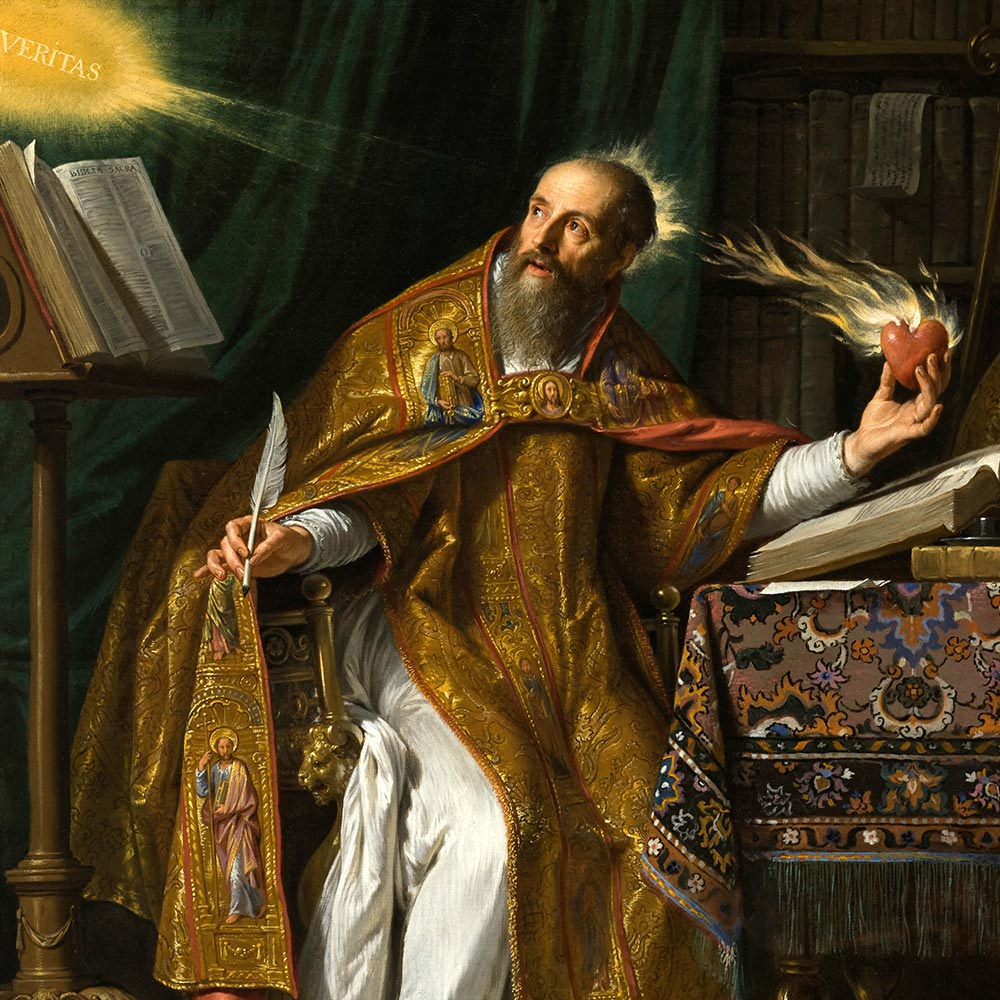 Pintura de Santo Agostinho com um coração em chamas e livros.